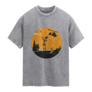 Funny Skeleton Golf Player Washed Cotton T-Shirt Halloween Gift