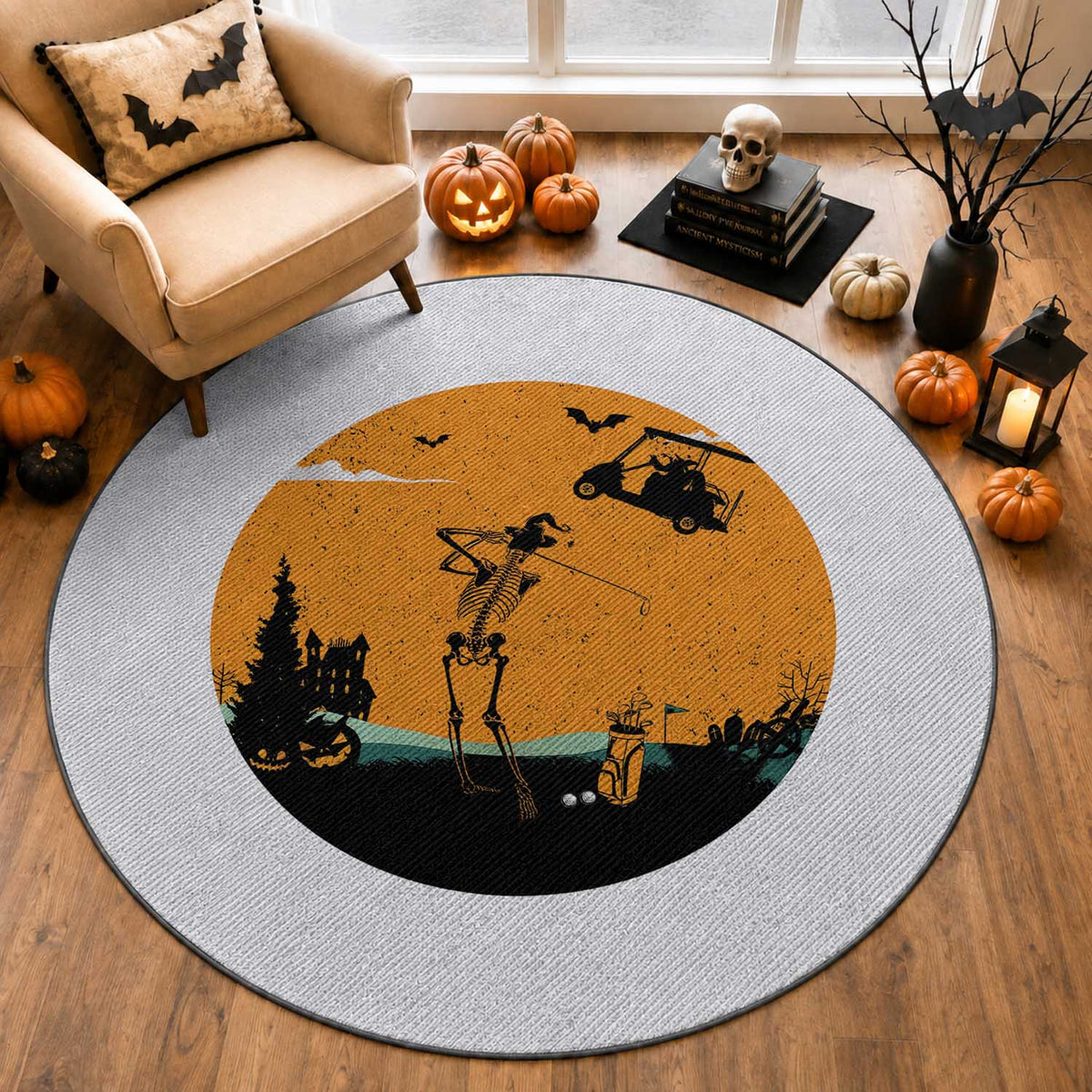 Funny Skeleton Golf Player Round Rug Halloween Gift