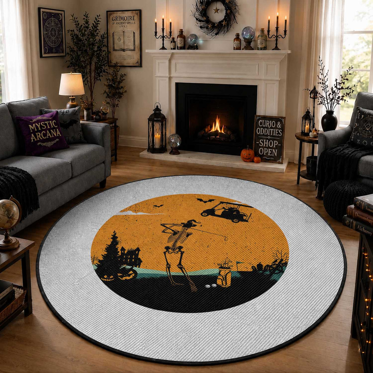 Funny Skeleton Golf Player Round Rug Halloween Gift