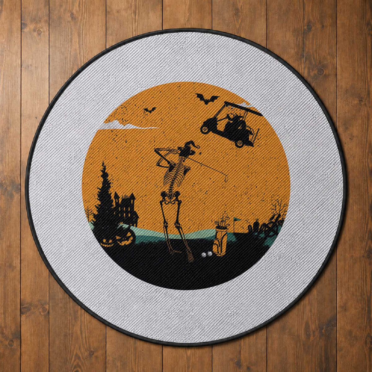 Funny Skeleton Golf Player Round Rug Halloween Gift
