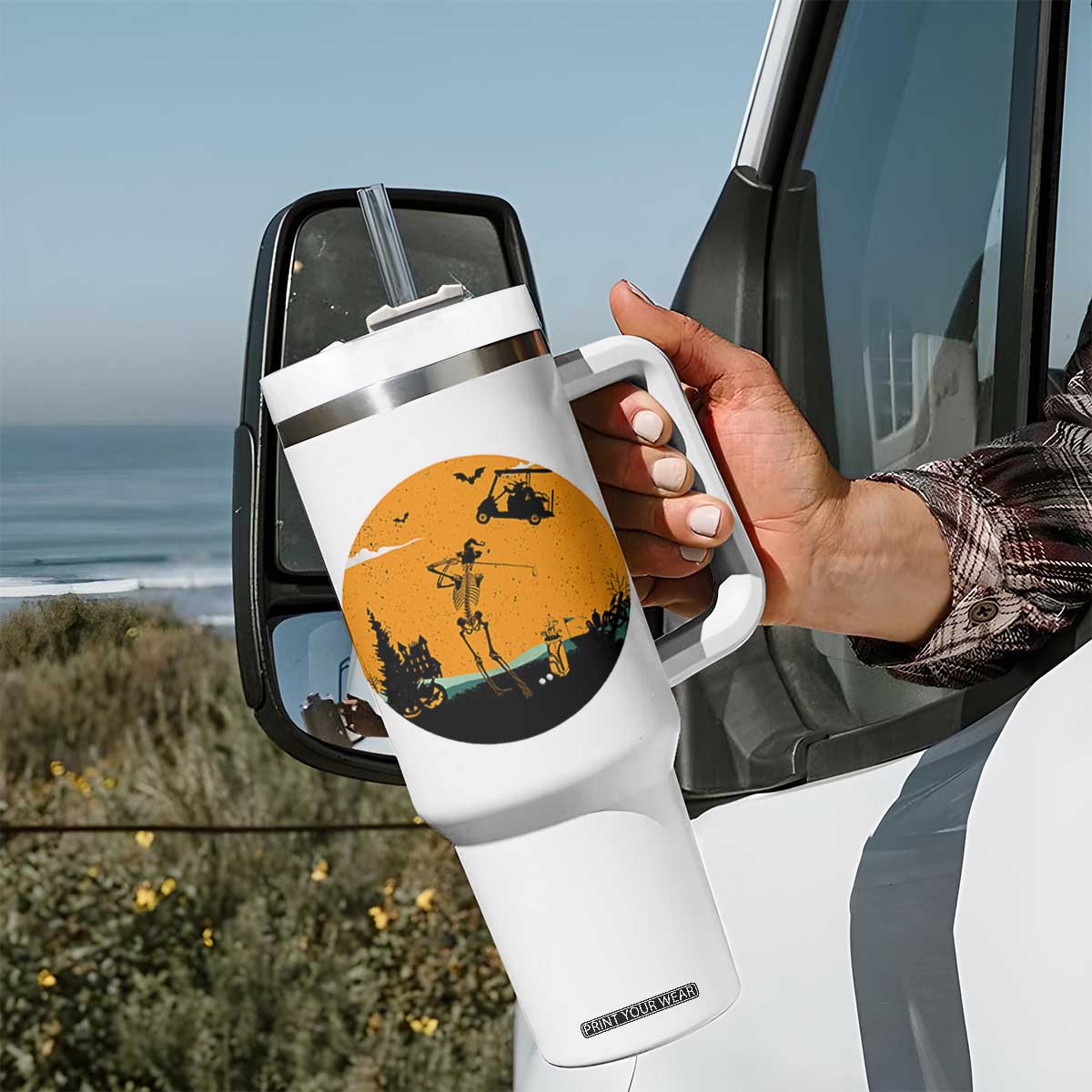 Funny Skeleton Golf Player Tumbler With Handle Halloween Gift TS12 Print Your Wear