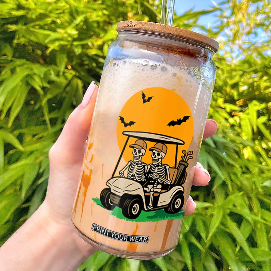 Funny Halloween Gift Glass Can Skeleton Driving Golf Cart TS12 White Print Your Wear