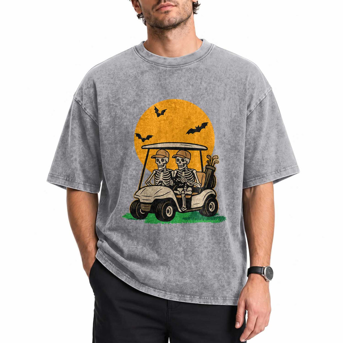 Funny Halloween Gift Washed Cotton T-Shirt Skeleton Driving Golf Cart