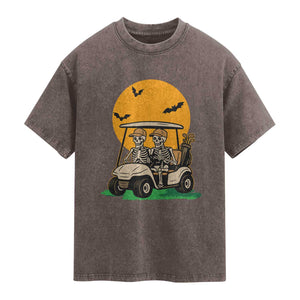 Funny Halloween Gift Washed Cotton T-Shirt Skeleton Driving Golf Cart