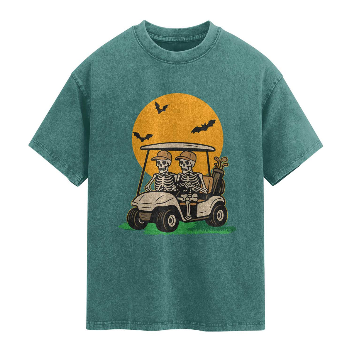Funny Halloween Gift Washed Cotton T-Shirt Skeleton Driving Golf Cart