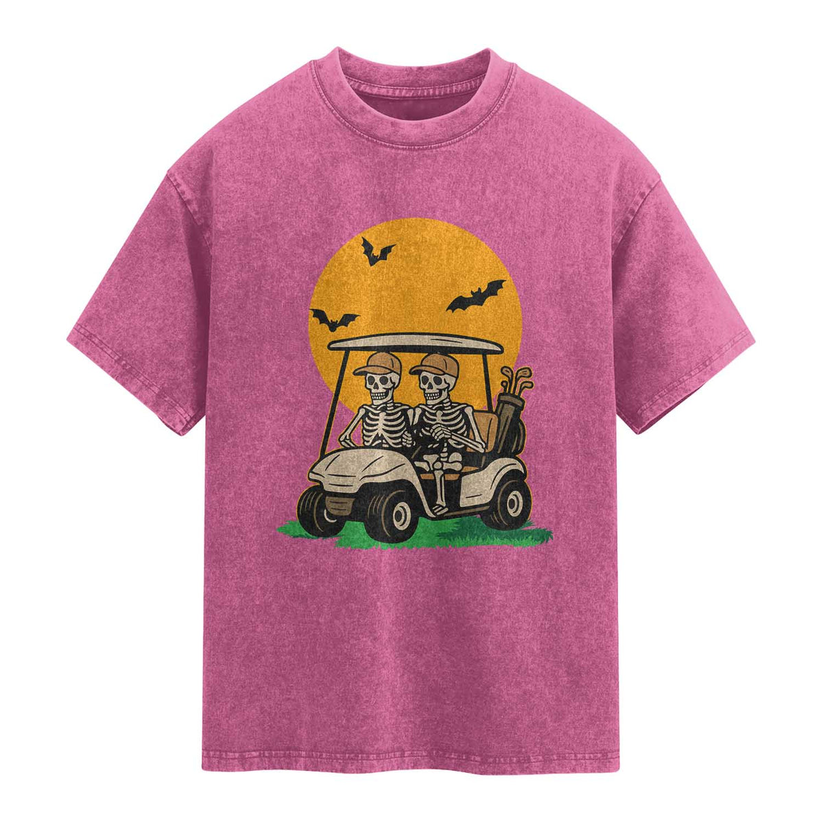 Funny Halloween Gift Washed Cotton T-Shirt Skeleton Driving Golf Cart