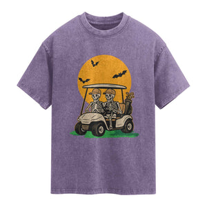 Funny Halloween Gift Washed Cotton T-Shirt Skeleton Driving Golf Cart