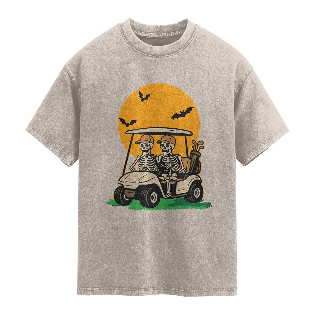Funny Halloween Gift Washed Cotton T-Shirt Skeleton Driving Golf Cart