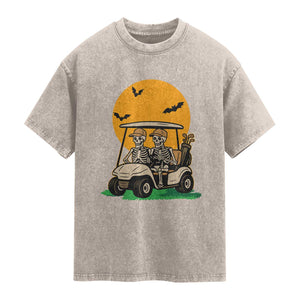 Funny Halloween Gift Washed Cotton T-Shirt Skeleton Driving Golf Cart
