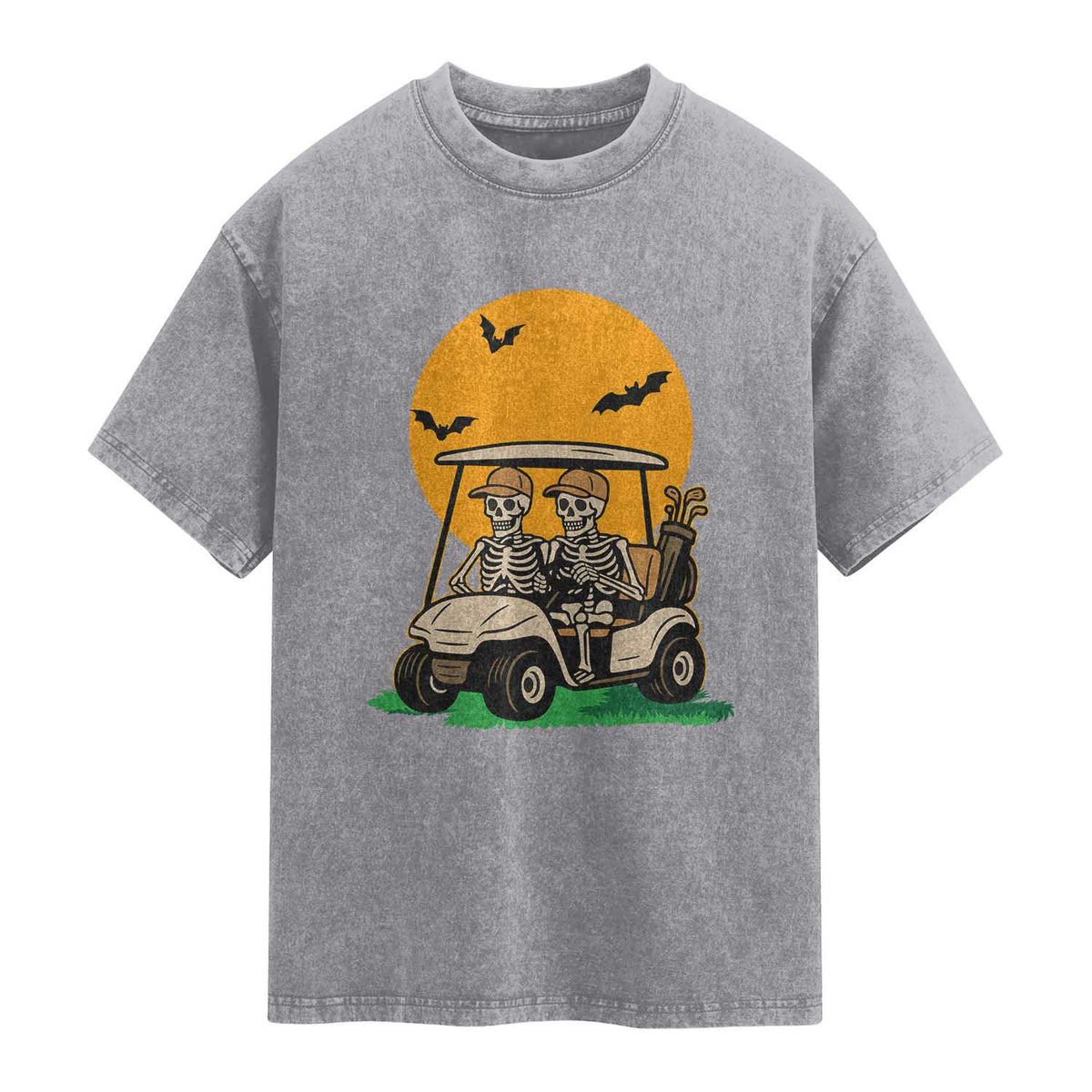 Funny Halloween Gift Washed Cotton T-Shirt Skeleton Driving Golf Cart
