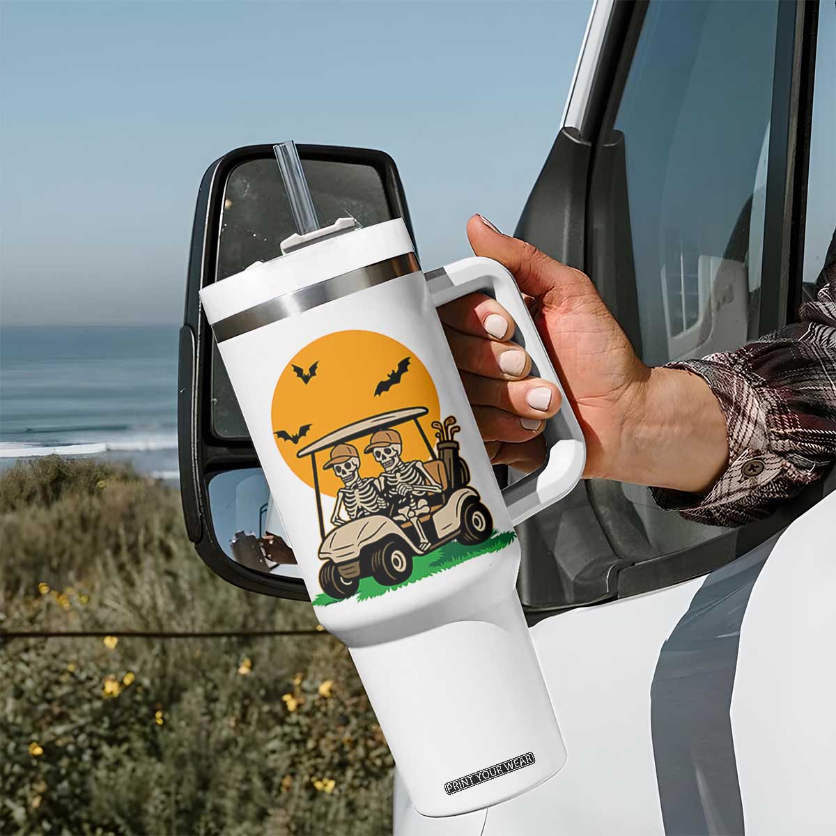 Funny Halloween Gift Tumbler With Handle Skeleton Driving Golf Cart TS12 Print Your Wear