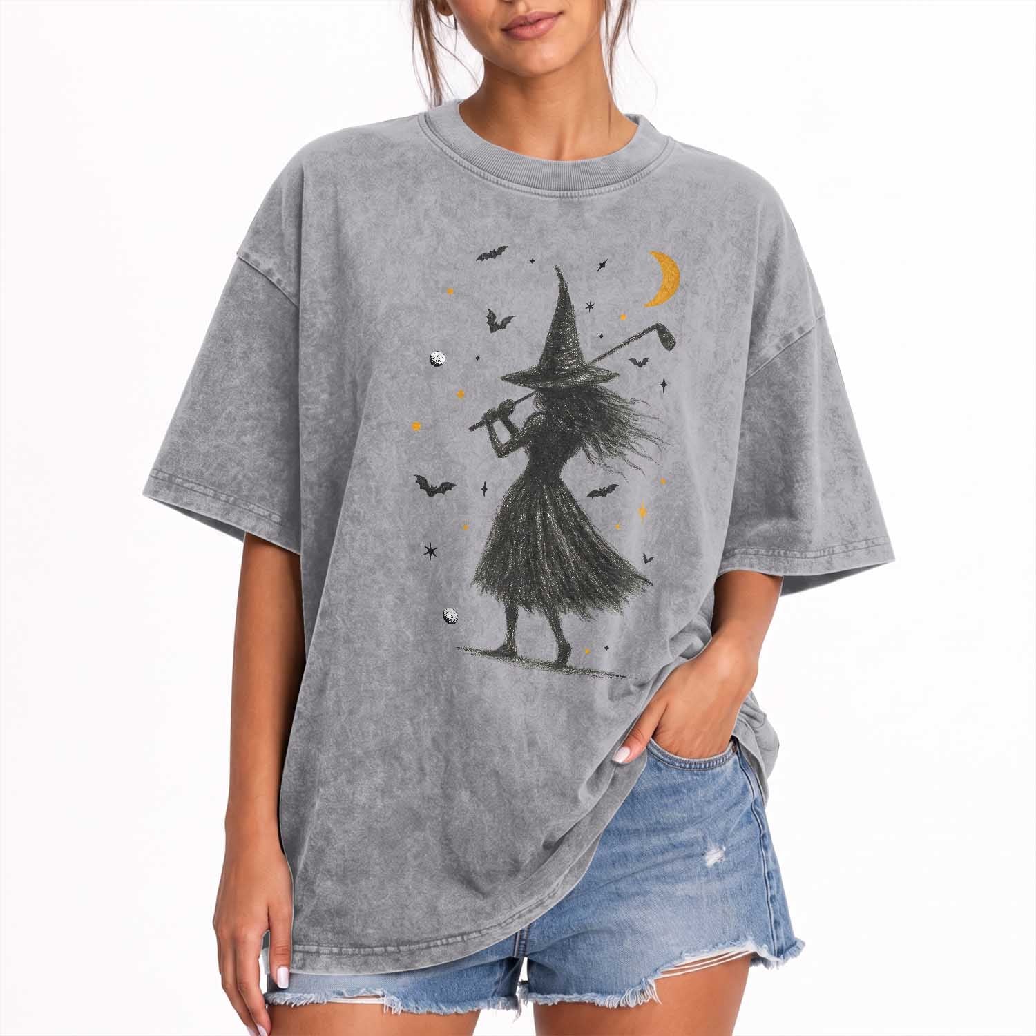 Halloween Sports Gift Washed Cotton T-Shirt Creepy Witch With Golf Club