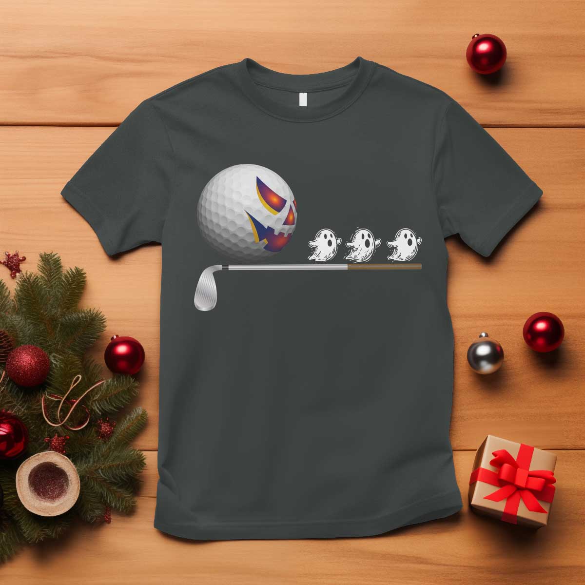 Funny Halloween Golf Pumpkin Chasing Ghost Gift T Shirt TS12 Dark Heather Print Your Wear