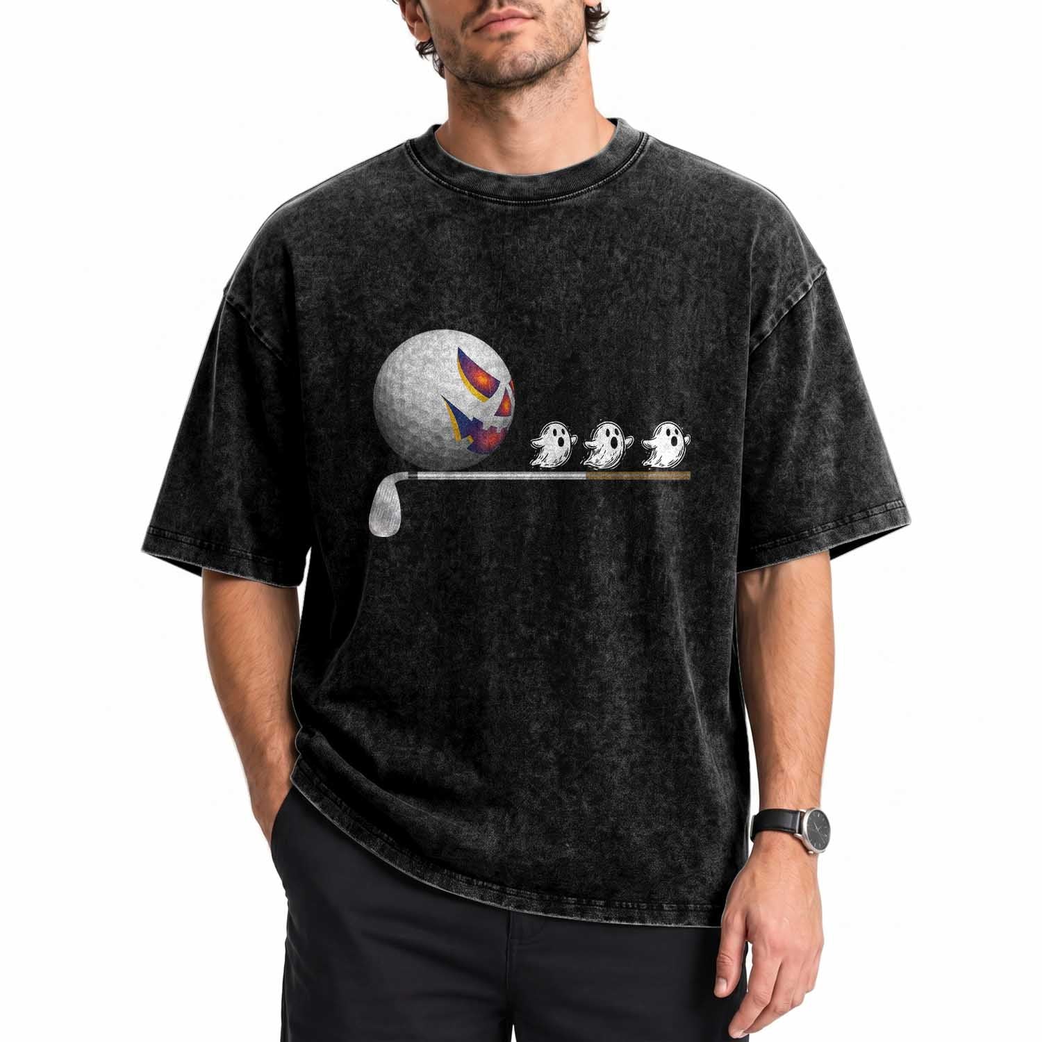 Funny Halloween Golf Pumpkin Chasing Ghost Gift Washed Cotton T-Shirt