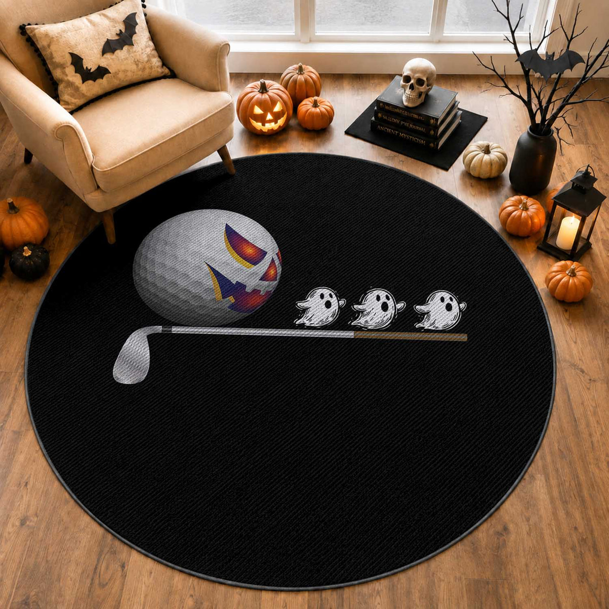 Funny Halloween Golf Pumpkin Chasing Ghost Gift Round Rug