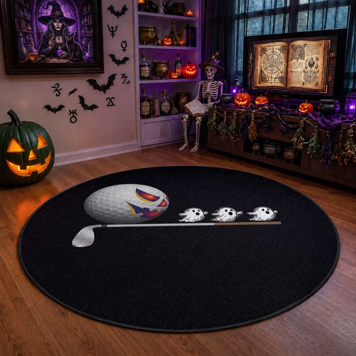 Funny Halloween Golf Pumpkin Chasing Ghost Gift Round Rug
