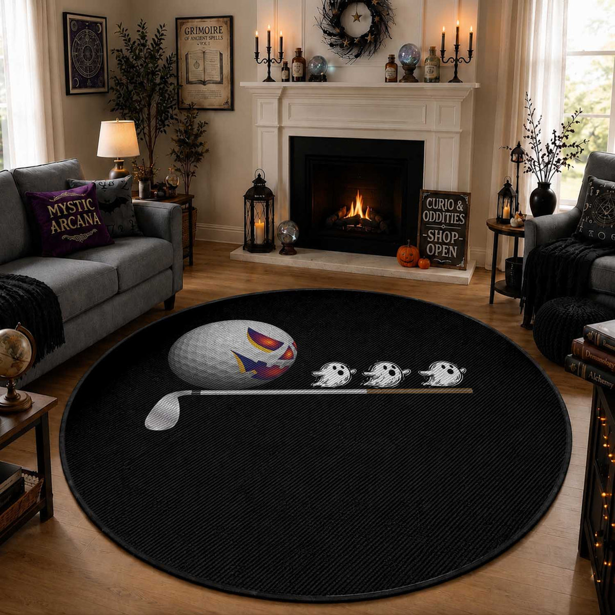 Funny Halloween Golf Pumpkin Chasing Ghost Gift Round Rug