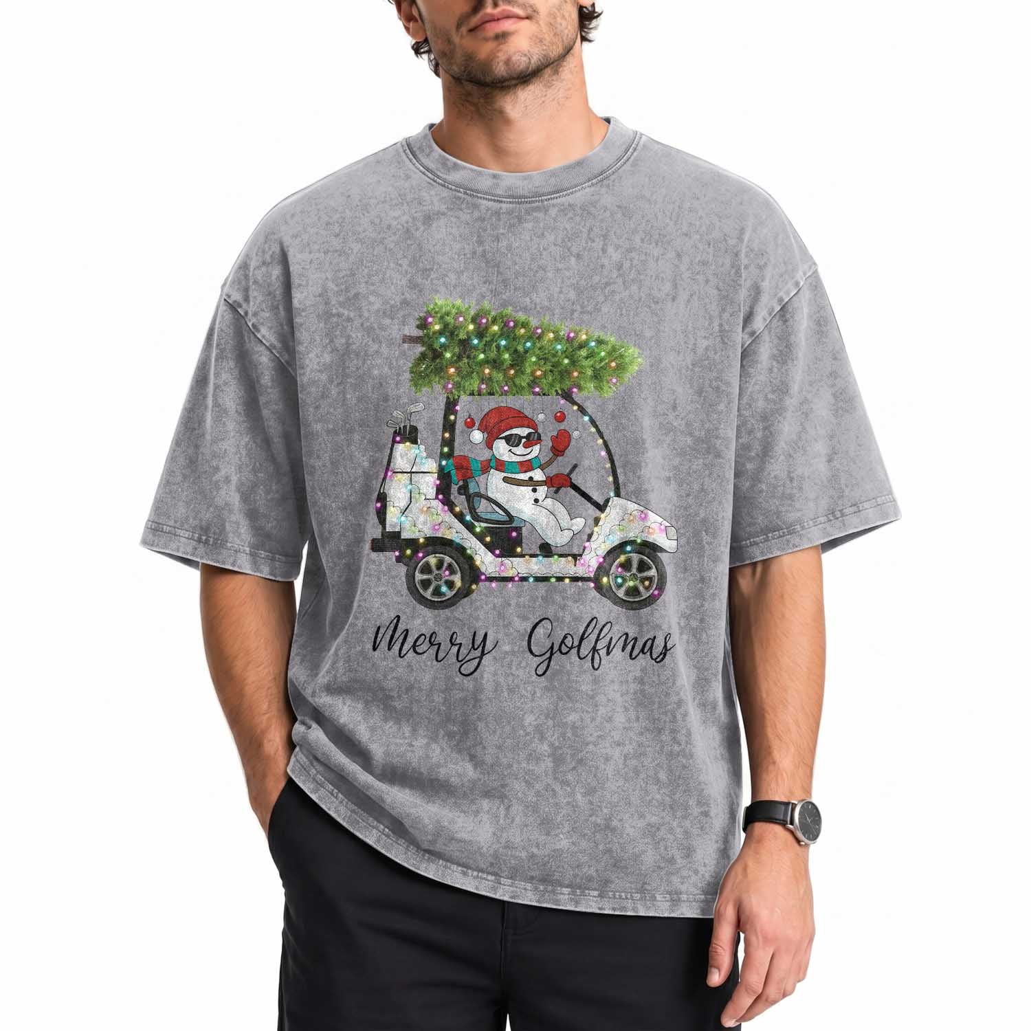 Funny Christmas Golf Washed Cotton T-Shirt Snowman Driving Golf Cart Merry Golfmas