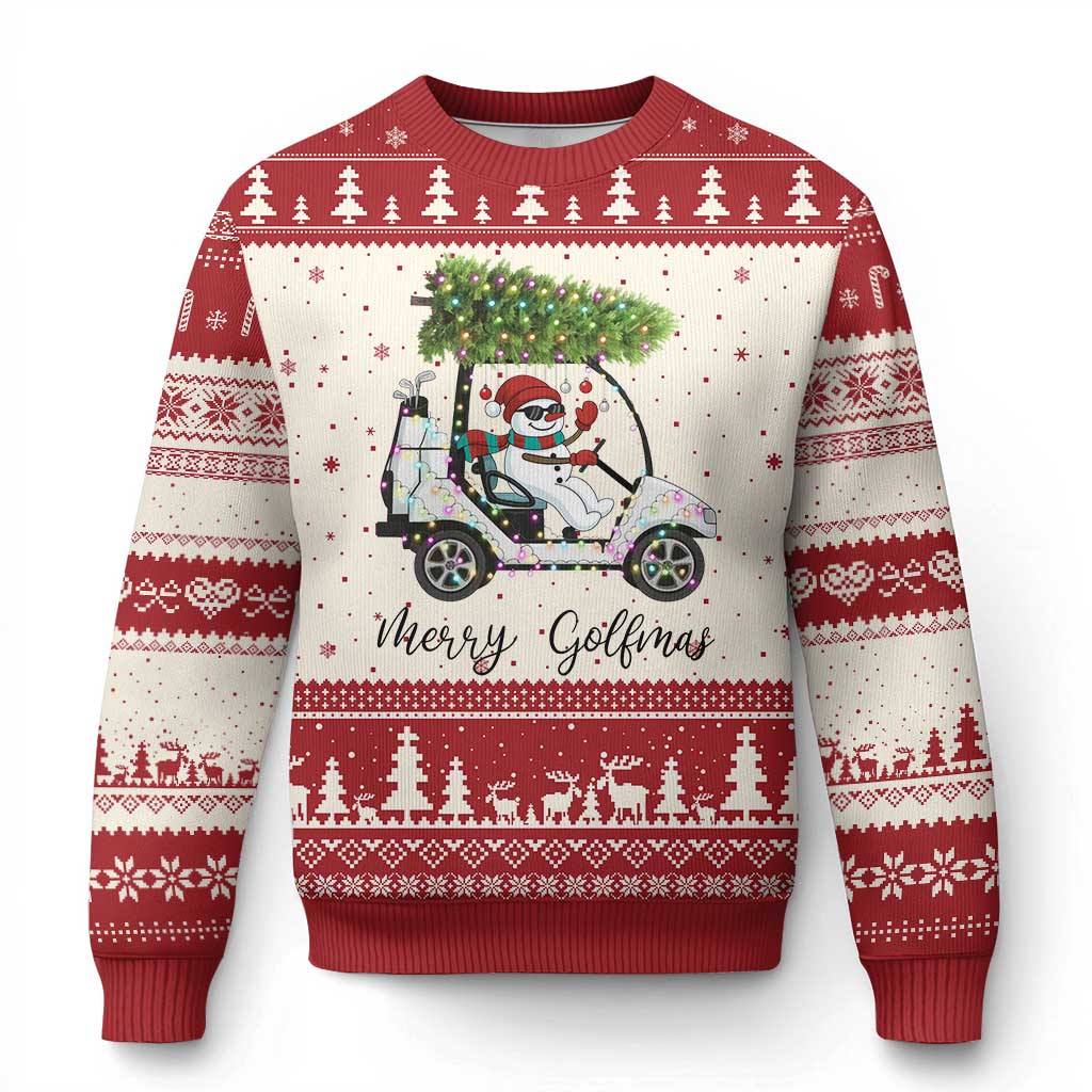 Funny Xmas Golf Ugly Christmas Sweater Snowman Driving Golf Cart Merry Golfmas TS12 Beige Red Print Your Wear