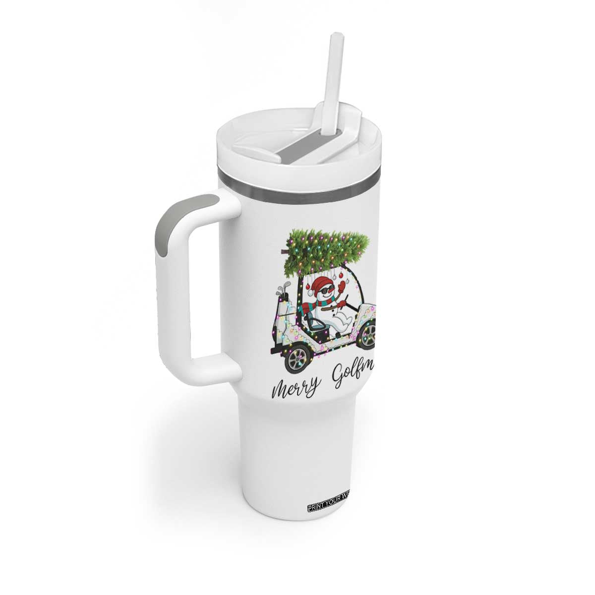 Funny Christmas Golf Tumbler With Handle Snowman Driving Golf Cart Merry Golfmas TS12 Print Your Wear