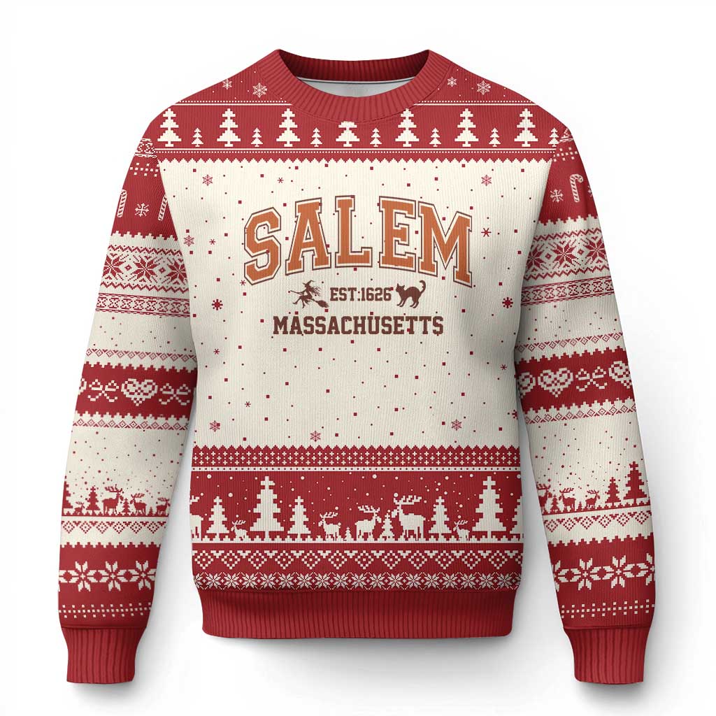 Salem Massachusetts Est 1626 Ugly Christmas Sweater Vintage Witch City History Graphic