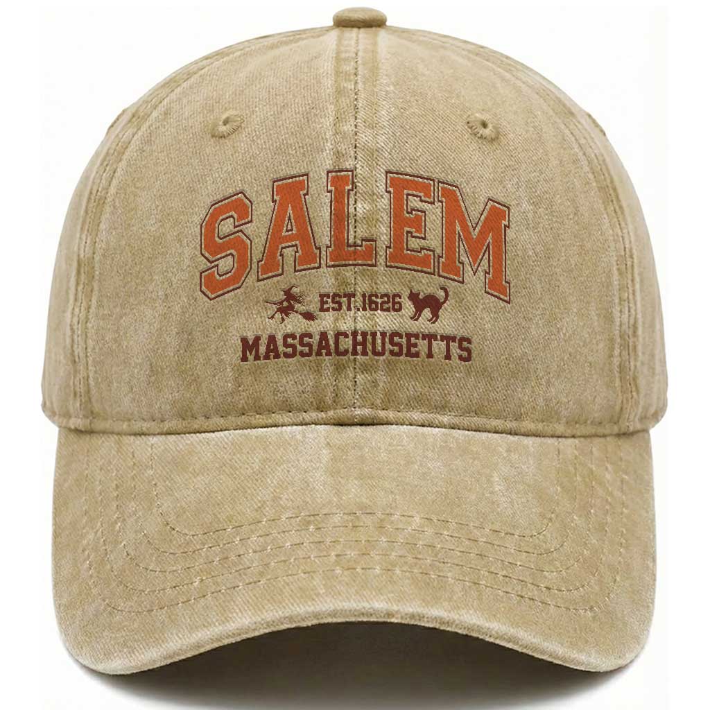 Salem Massachusetts Est 1626 Washed Cotton Baseball Cap Vintage Witch City History Graphic