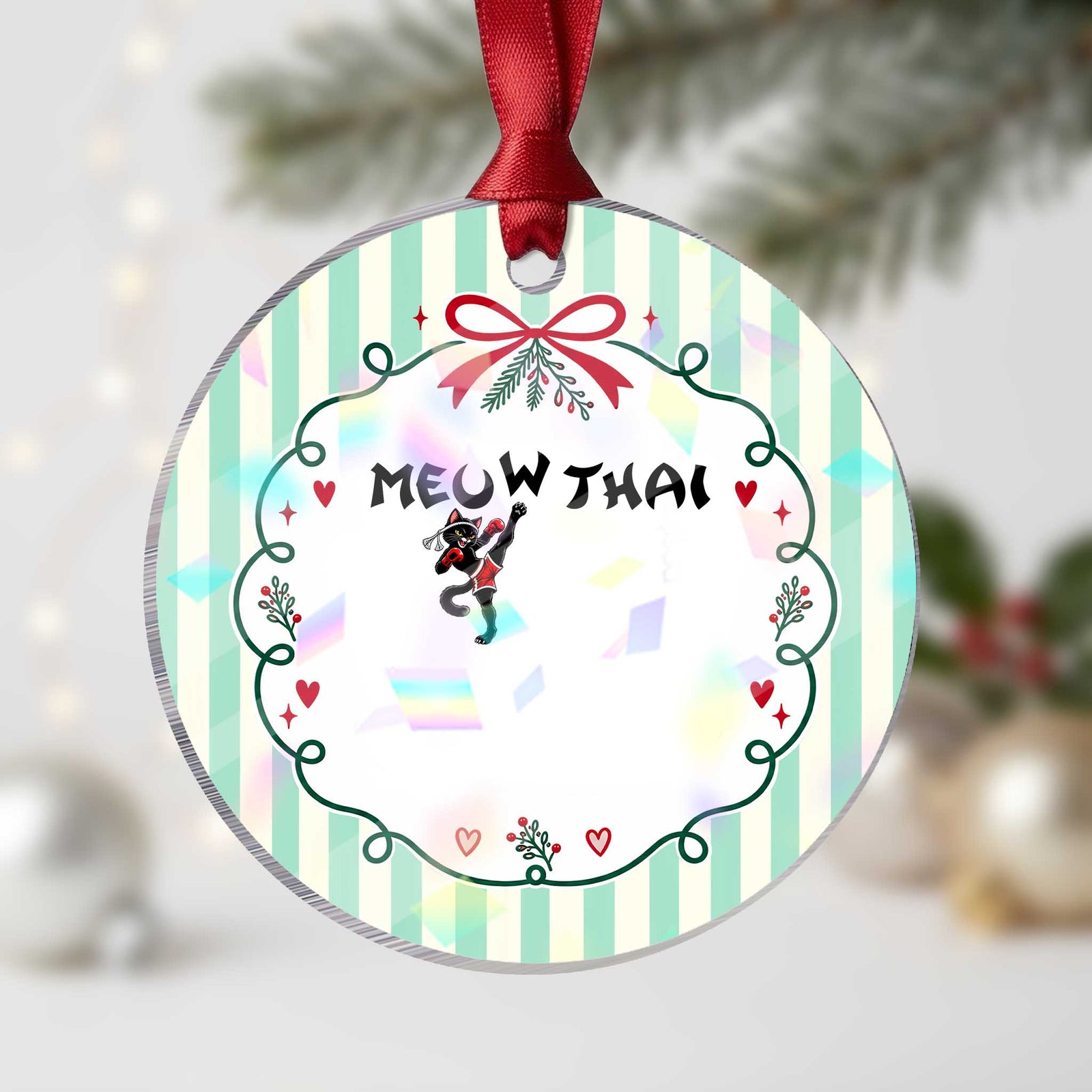 Funny Black Cat Muay Thai Holographic Acrylic Ornament Meow Thai Kickboxing Martial Arts Gift
