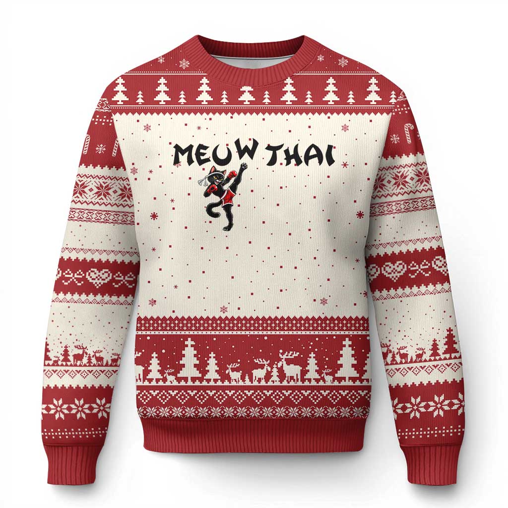 Funny Black Cat Muay Thai Ugly Christmas Sweater Meow Thai Kickboxing Martial Arts Gift