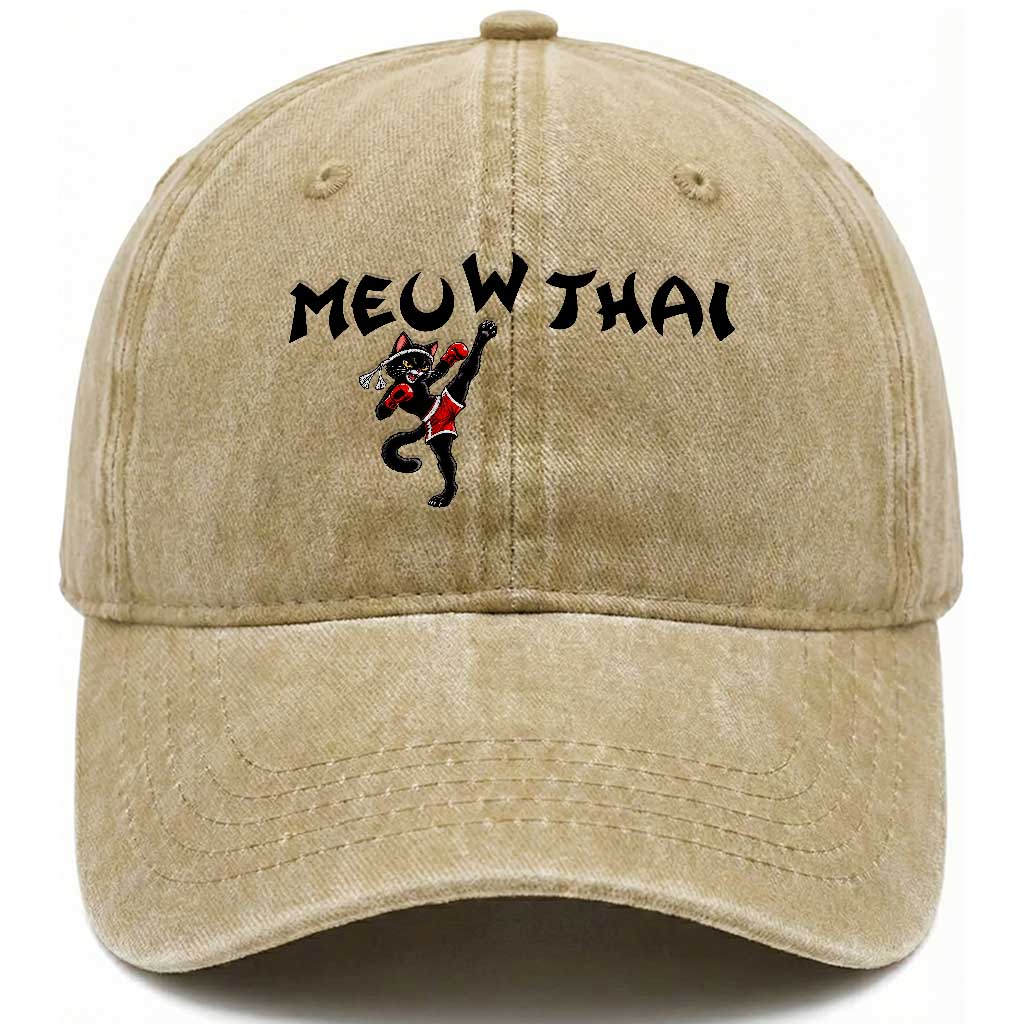 Funny Black Cat Muay Thai Washed Cotton Baseball Cap Meow Thai Kickboxing Martial Arts Gift