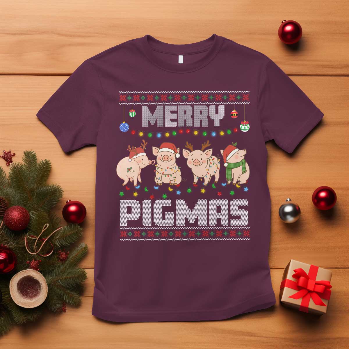 Funny Merry Pigmas T Shirt Christmas Pig Ugly Sweater Gift TS12 Maroon Print Your Wear