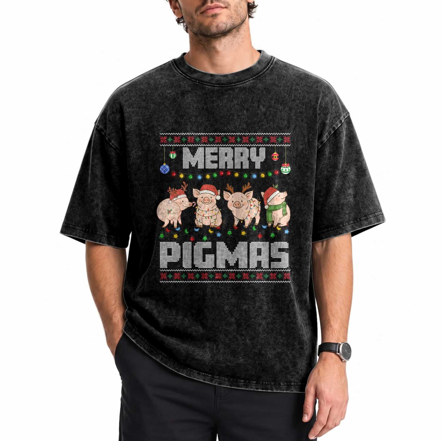 Funny Merry Pigmas Washed Cotton T-Shirt Christmas Pig Ugly Sweater Gift