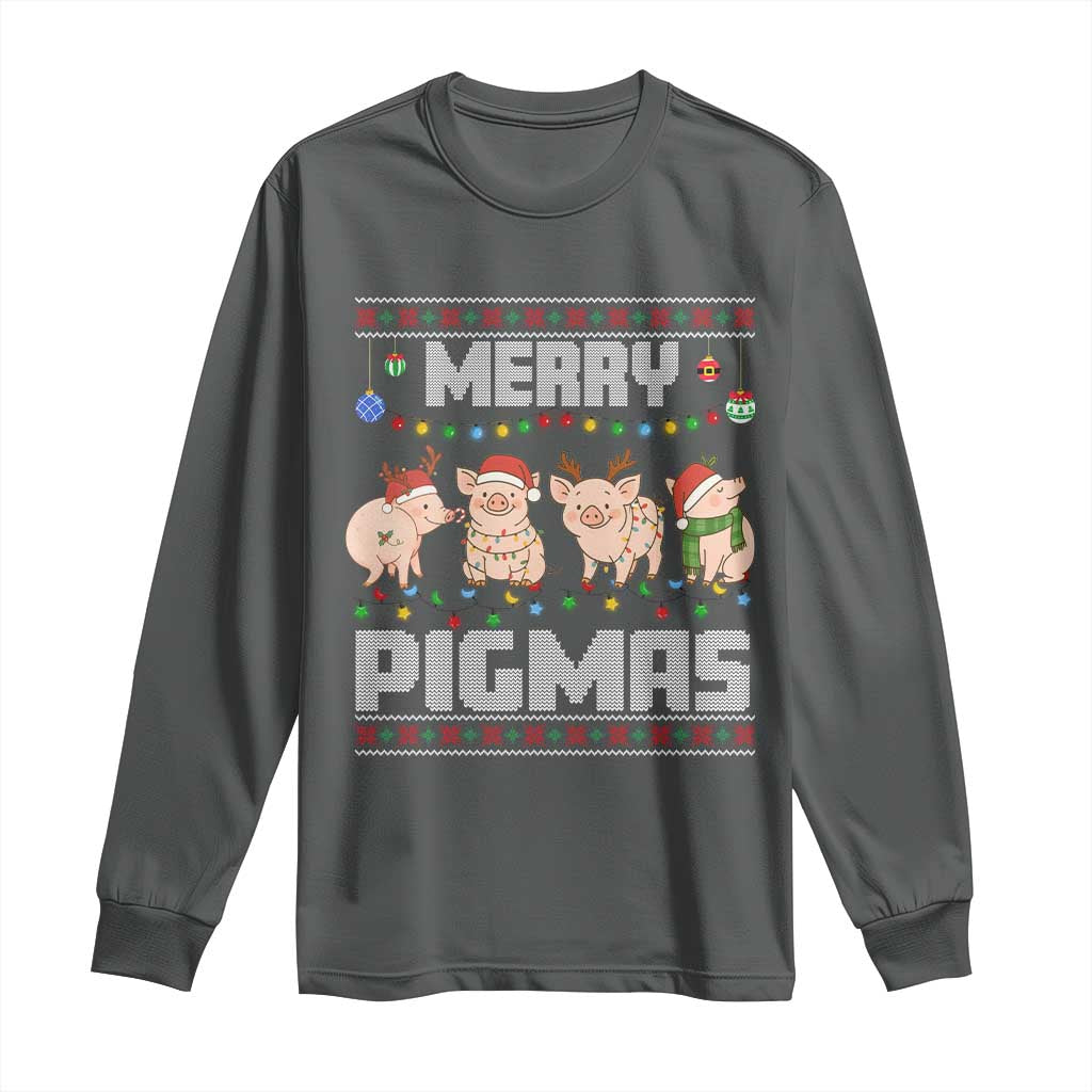 Funny Merry Pigmas Long Sleeve Shirt Christmas Pig Ugly Sweater Gift TS12 Dark Heather Print Your Wear