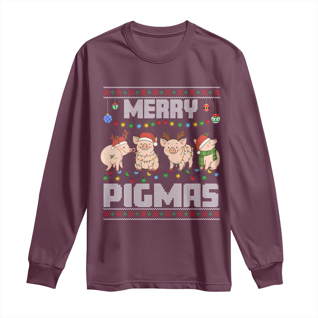 Funny Merry Pigmas Long Sleeve Shirt Christmas Pig Ugly Sweater Gift TS12 Maroon Print Your Wear