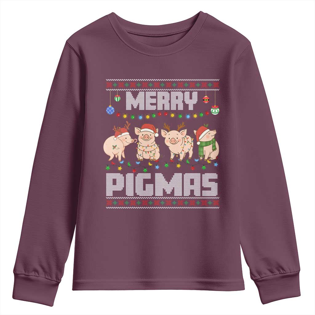 Funny Merry Pigmas Youth Sweatshirt Christmas Pig Ugly Sweater Gift TS12 Maroon Print Your Wear
