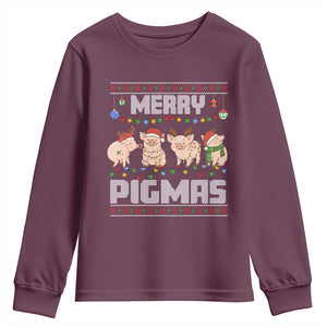 Funny Merry Pigmas Youth Sweatshirt Christmas Pig Ugly Sweater Gift TS12 Maroon Print Your Wear