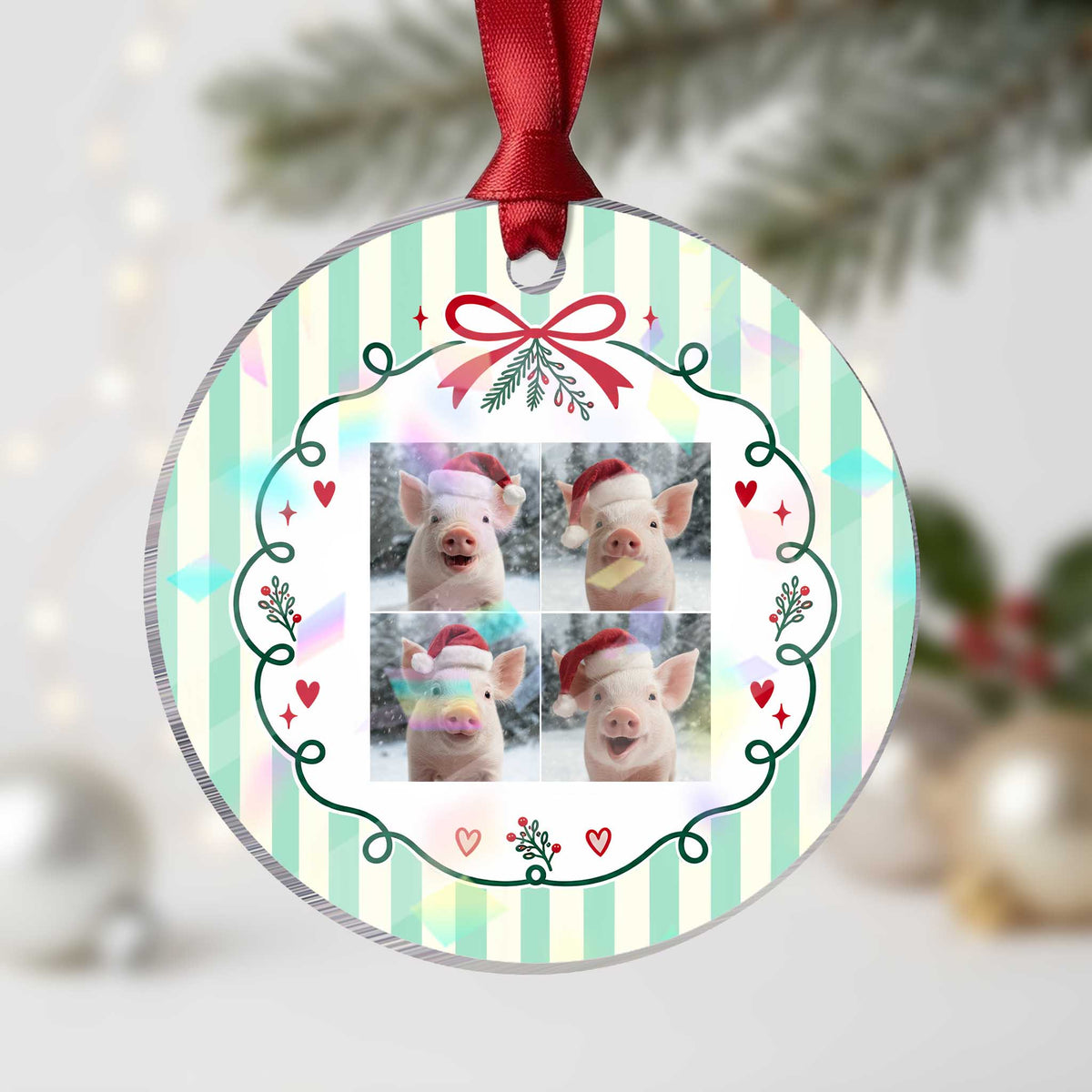 Funny Pig With Santa Hat Photobooth Holographic Acrylic Ornament Christmas Gift