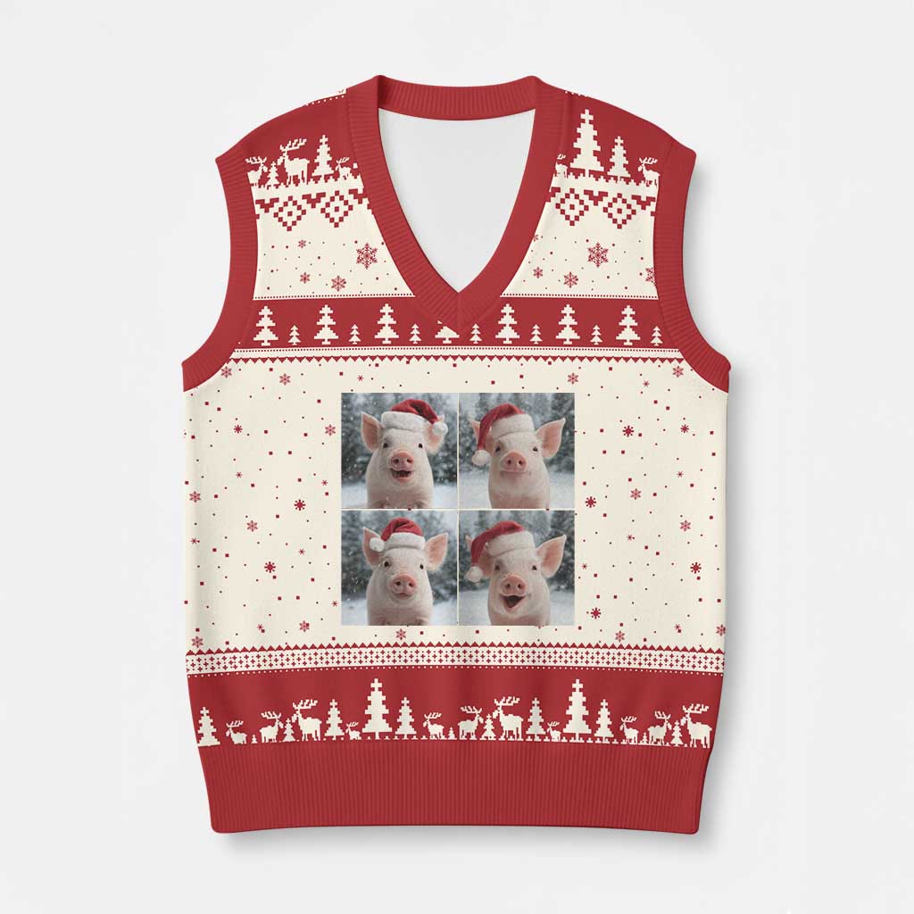 Funny Pig With Santa Hat Photobooth V-Neck Knit Sweater Vest Xmas Gift TS12 Beige Red Print Your Wear