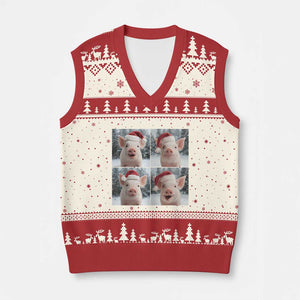 Funny Pig With Santa Hat Photobooth V-Neck Knit Sweater Vest Xmas Gift TS12 Beige Red Print Your Wear
