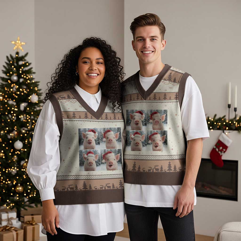 Funny Pig With Santa Hat Photobooth V-Neck Knit Sweater Vest Xmas Gift TS12 Mocha Mousse Print Your Wear