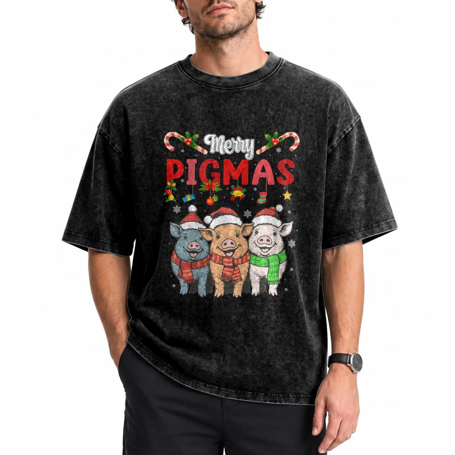 Funny Merry Pigmas Washed Cotton T-Shirt Christmas Pigs Farm Gift