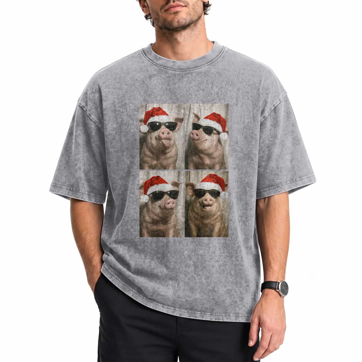 Cute Pig Christmas Selfie Washed Cotton T-Shirt Funny Holiday Photobooth Gift