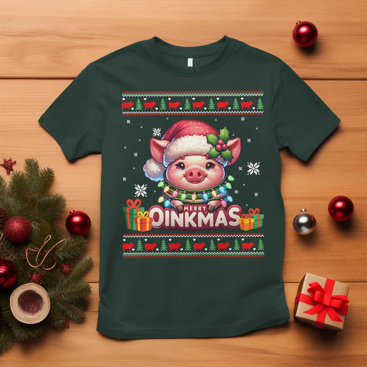 Funny Merry Oinkmas T Shirt Pig Lover Ugly Christmas Gift TS12 Dark Forest Green Print Your Wear