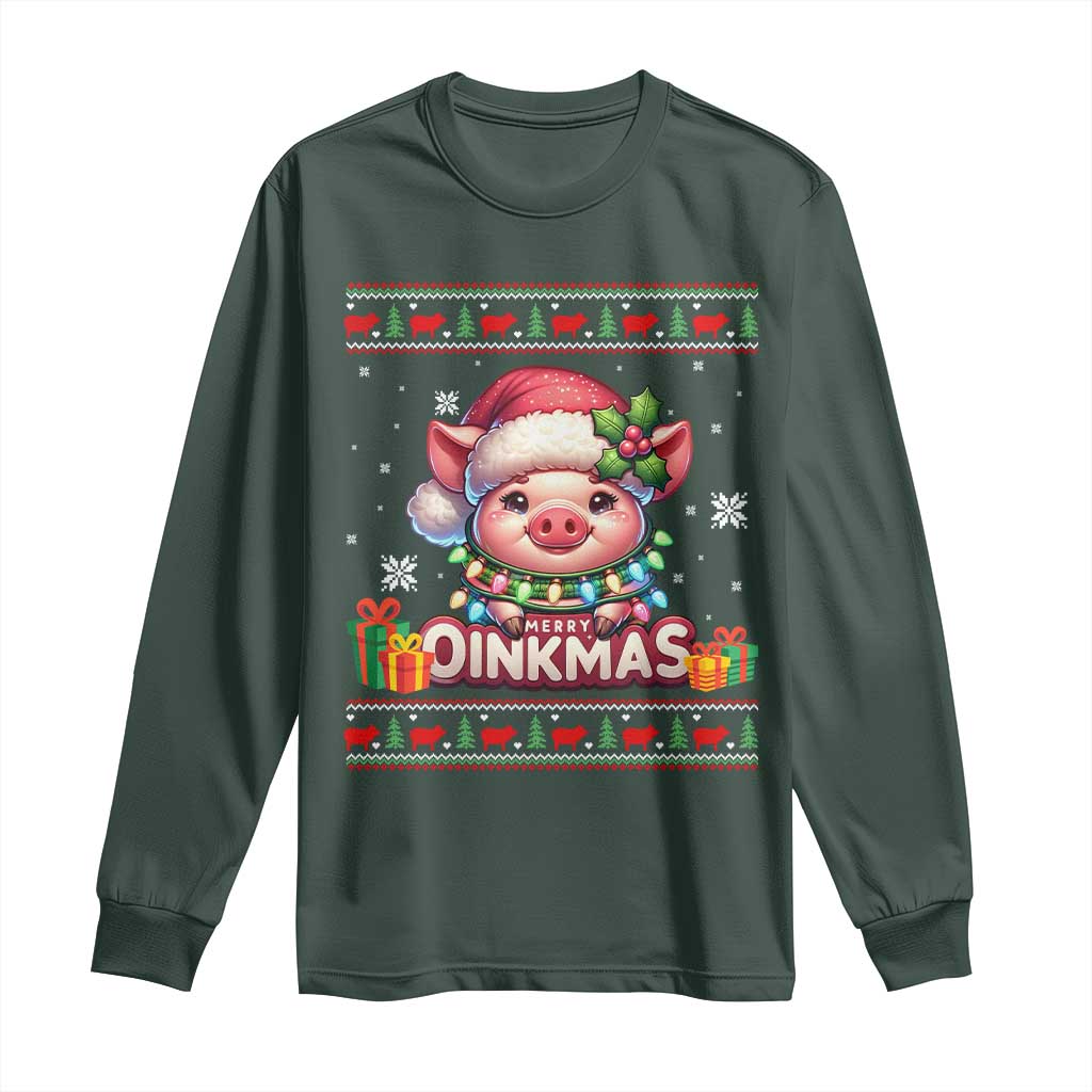 Funny Merry Oinkmas Long Sleeve Shirt Pig Lover Ugly Christmas Gift TS12 Dark Forest Green Print Your Wear