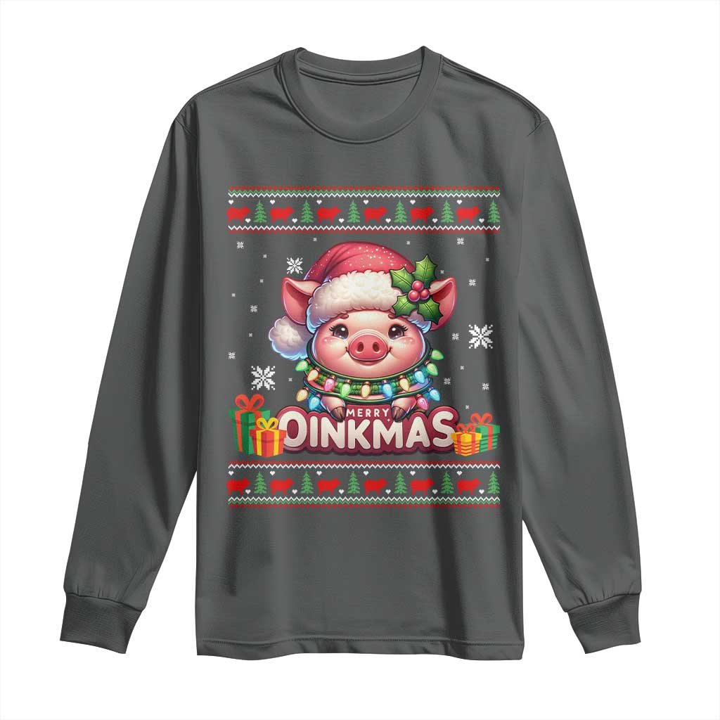 Funny Merry Oinkmas Long Sleeve Shirt Pig Lover Ugly Christmas Gift TS12 Dark Heather Print Your Wear
