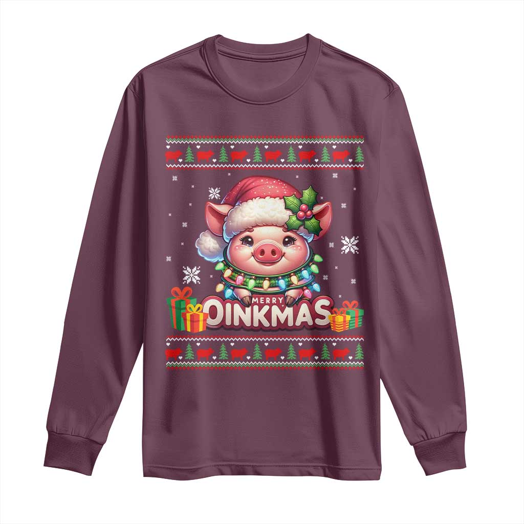 Funny Merry Oinkmas Long Sleeve Shirt Pig Lover Ugly Christmas Gift TS12 Maroon Print Your Wear