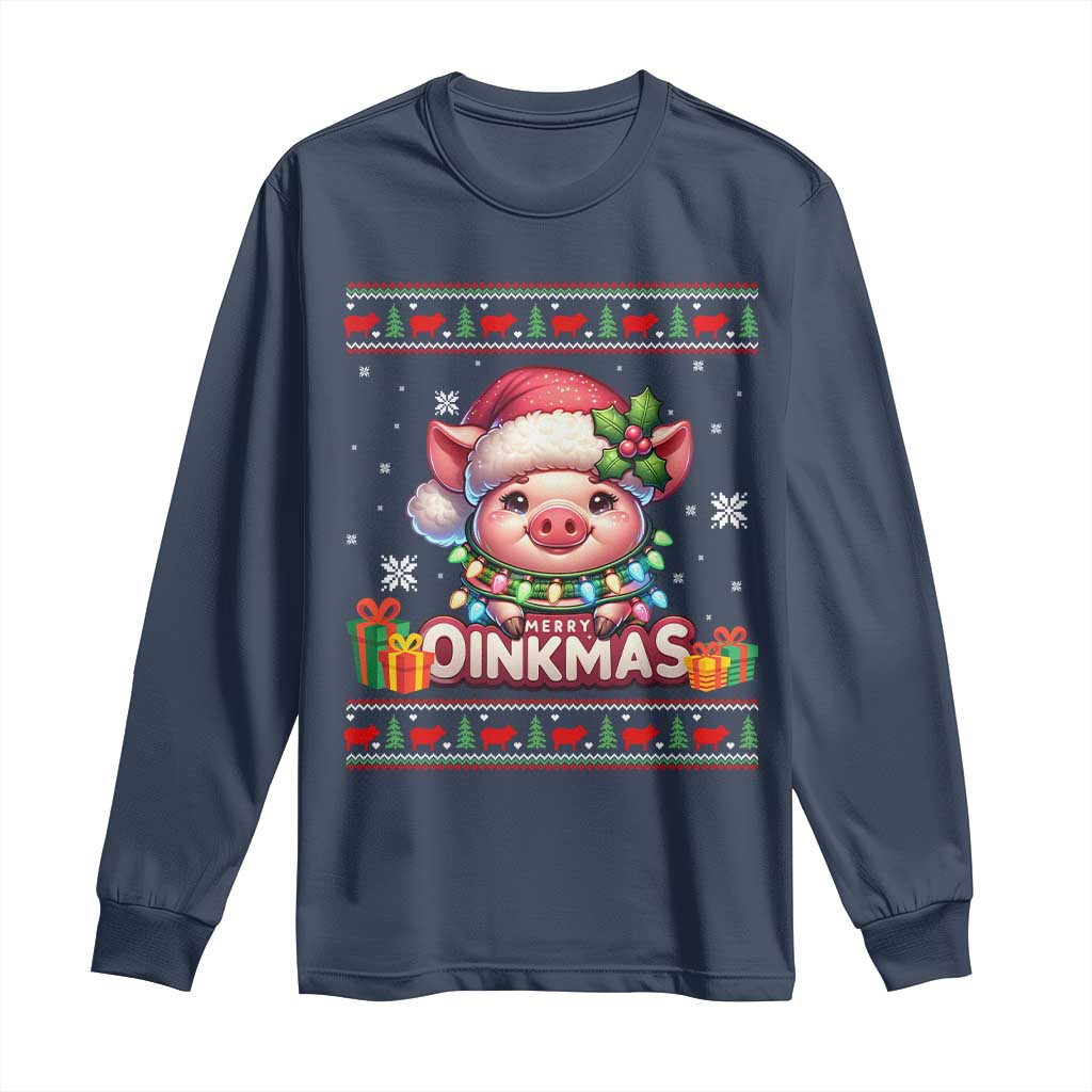 Funny Merry Oinkmas Long Sleeve Shirt Pig Lover Ugly Christmas Gift TS12 Navy Print Your Wear