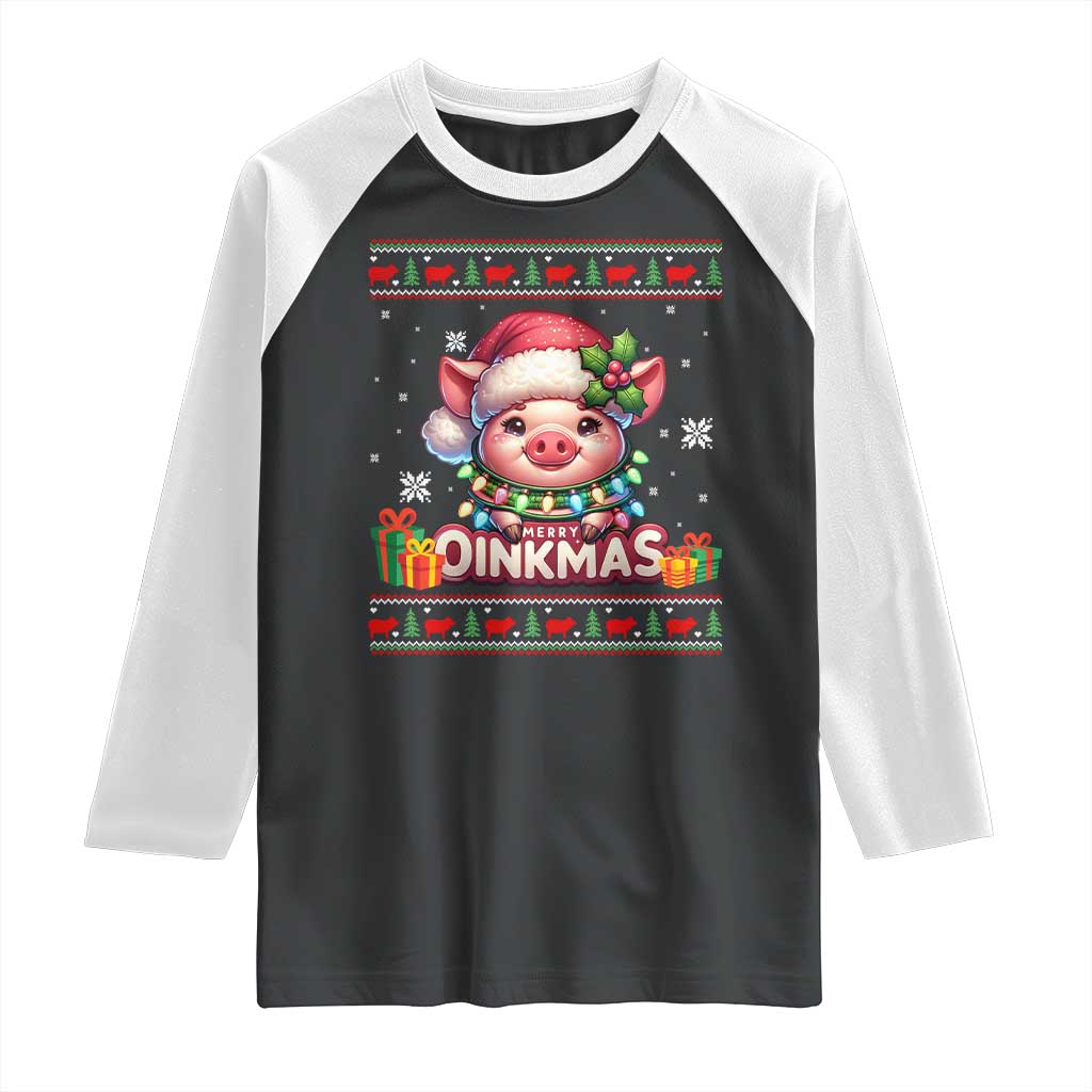 Funny Merry Oinkmas Raglan Shirt Pig Lover Ugly Christmas Gift TS12 Black White Print Your Wear