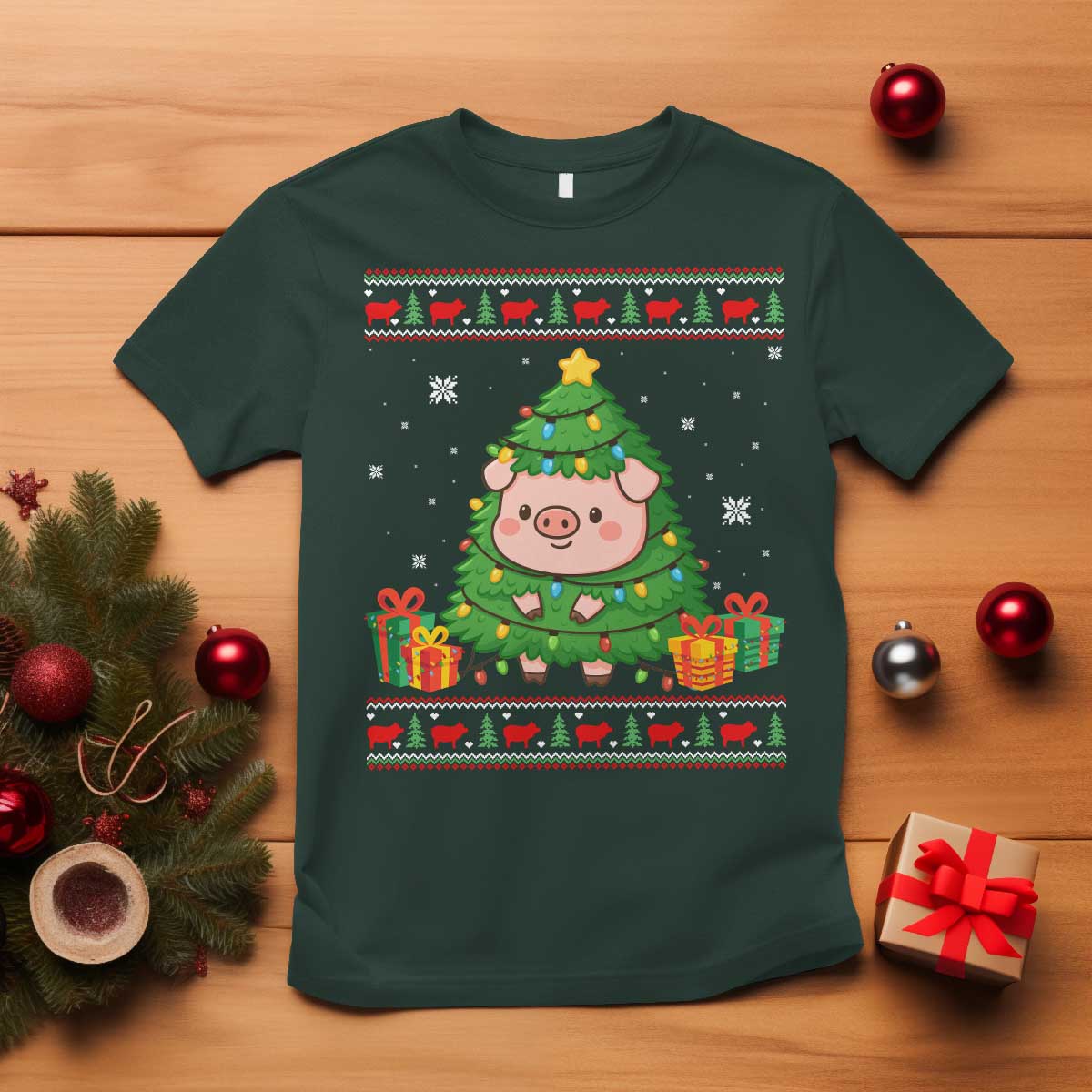 Funny Pig Christmas Tree Ugly Sweater T Shirt Farm Animal Gift TS12 Dark Forest Green Print Your Wear