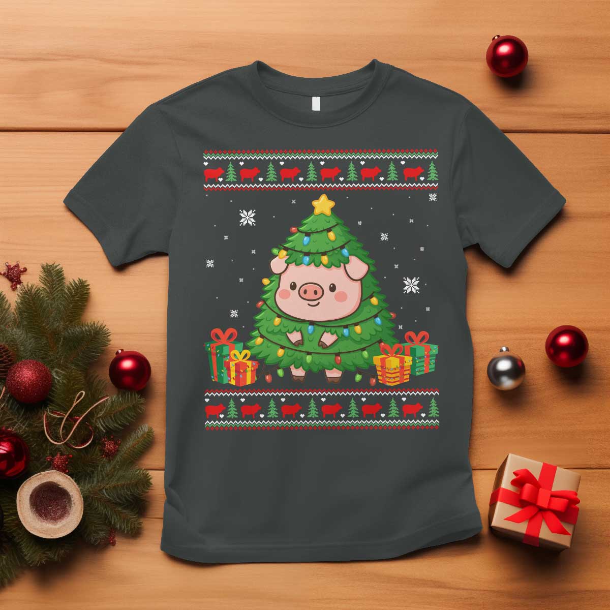 Funny Pig Christmas Tree Ugly Sweater T Shirt Farm Animal Gift TS12 Dark Heather Print Your Wear