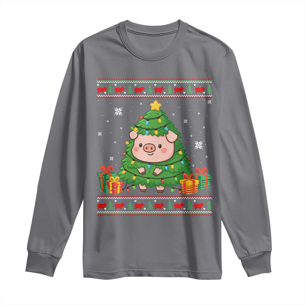 Funny Pig Christmas Tree Ugly Sweater Long Sleeve Shirt Farm Animal Gift TS12 Charcoal Print Your Wear
